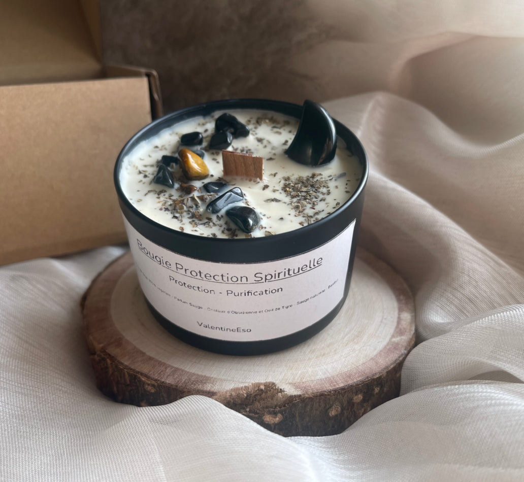 Bougie Protection Spirituelle + Pierre Obsidienne en lune + Exercices fournis avec