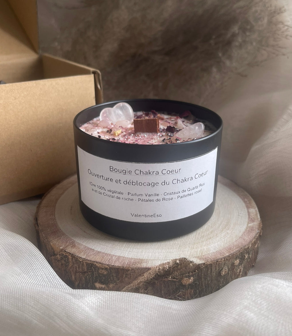 Bougie Chakra Cœur + Pierre Quartz Clair en forme de Coeur | Ouverture et déblocage - Énergies d'amour | + Exercices fournis avec