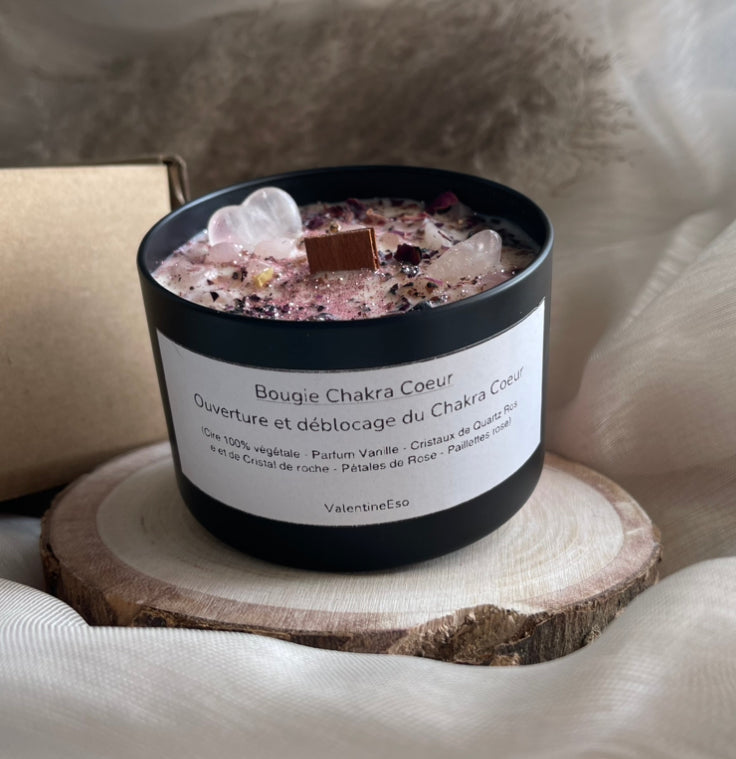 Bougie Chakra Cœur + Pierre Quartz Clair en forme de Coeur | Ouverture et déblocage - Énergies d'amour | + Exercices fournis avec