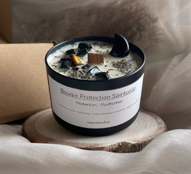 Bougie Protection Spirituelle + Pierre Obsidienne en lune + Exercices fournis avec