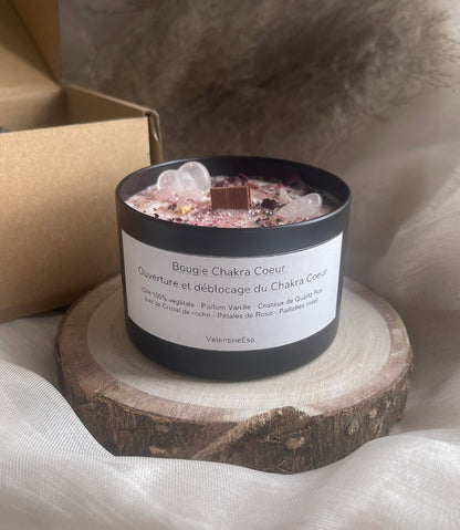 Bougie Chakra Cœur + Pierre Quartz Clair en forme de Coeur | Ouverture et déblocage - Énergies d'amour | + Exercices fournis avec